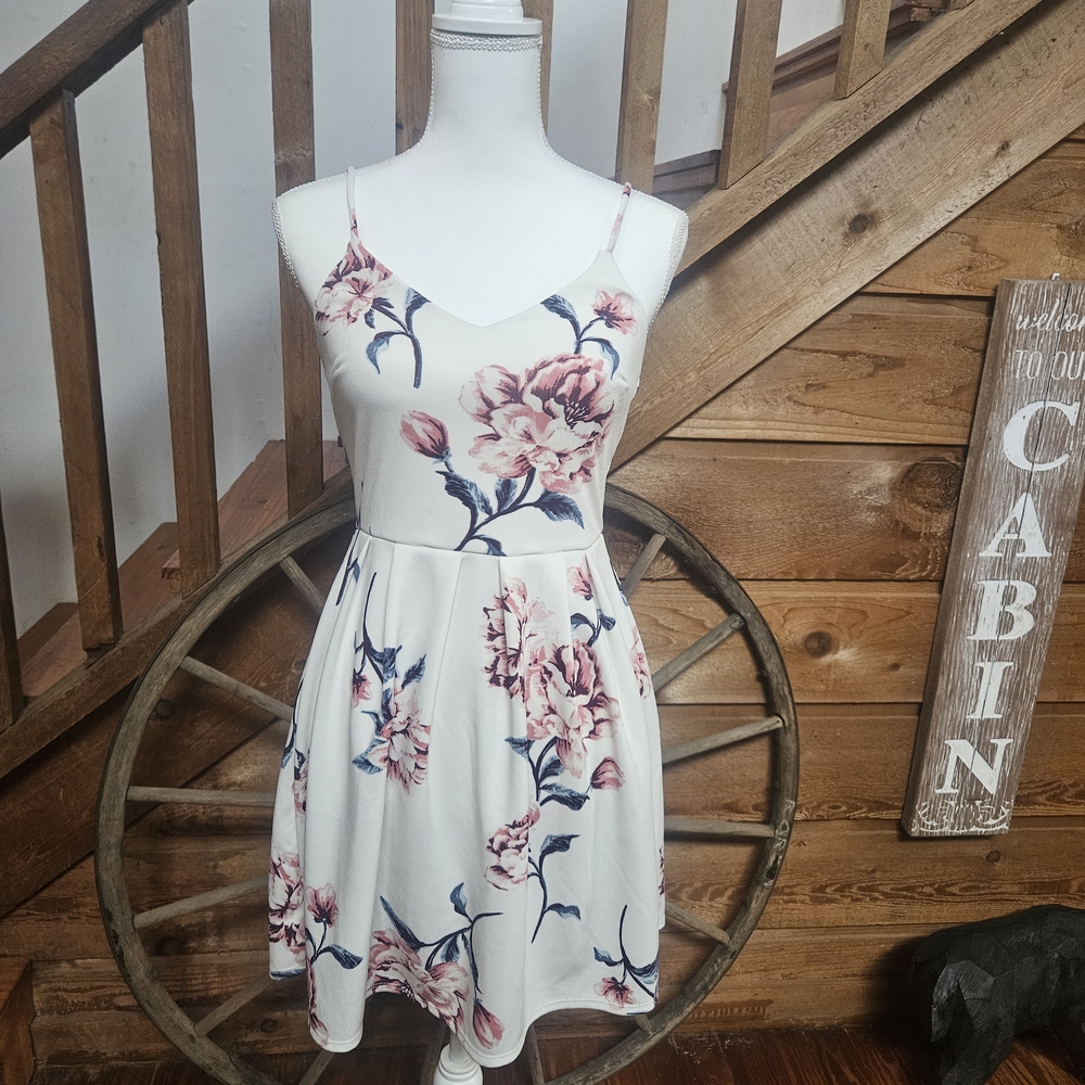 Monteau White Dress with Pink Floral Design